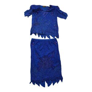 Beautiful Breaded Augustus impression Two Pieces 100% Pure Silk Blue Sz Large L